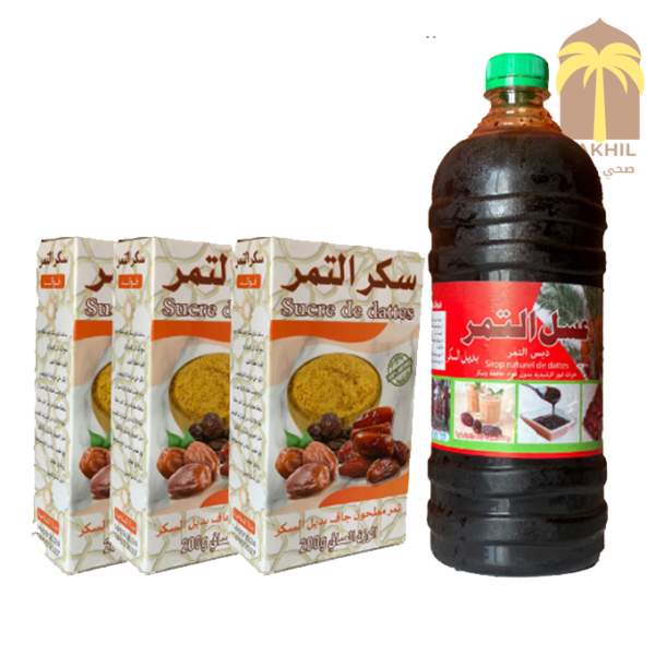 عسل دبس التمر الطبيعي 1 لتر + 3 علب سكر التمر الطبيعي باقة